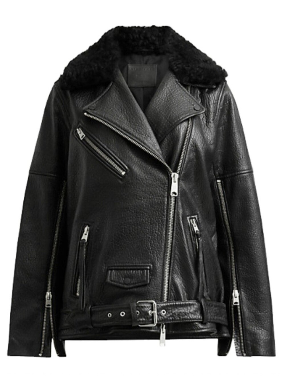 ALLSAINTS  Vendra Leather Biker Jacket  Removable Wool Collar Large L HAS REPAIR